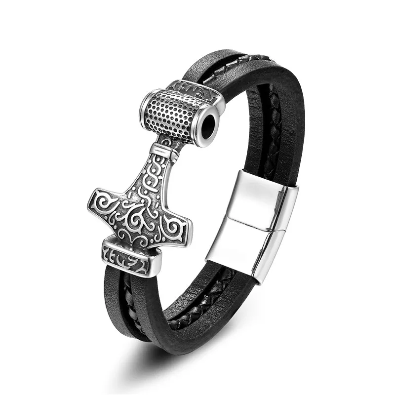 MKENDN-Pulseira de couro aço inoxidável Wolf Thor Hammer para homens, estilo punk, fivela magnética, presente da jóia viking