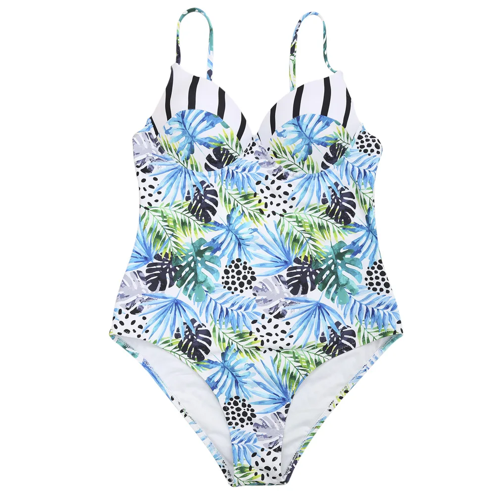 Belleziva Women Jungle Leaves Print One Piece Swimsuit Beach Bathing