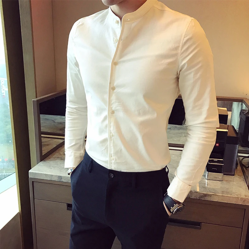 Корейская мужская одежда, осенняя рубашка, Мужская Простая рубашка с длинным рукавом и цветочным принтом, простая универсальная деловая Мужская рубашка со стоячим воротником