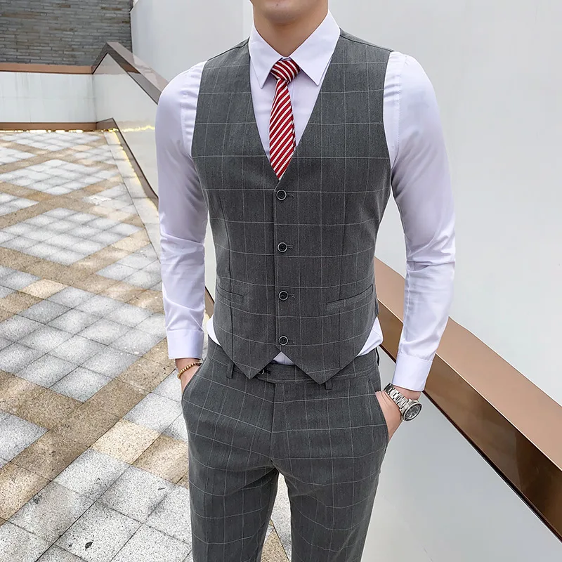 Mens Two Pieces Pant Vest Social Suit Fashion Men Plaid Business Suit Set Slim Fit Casual 5