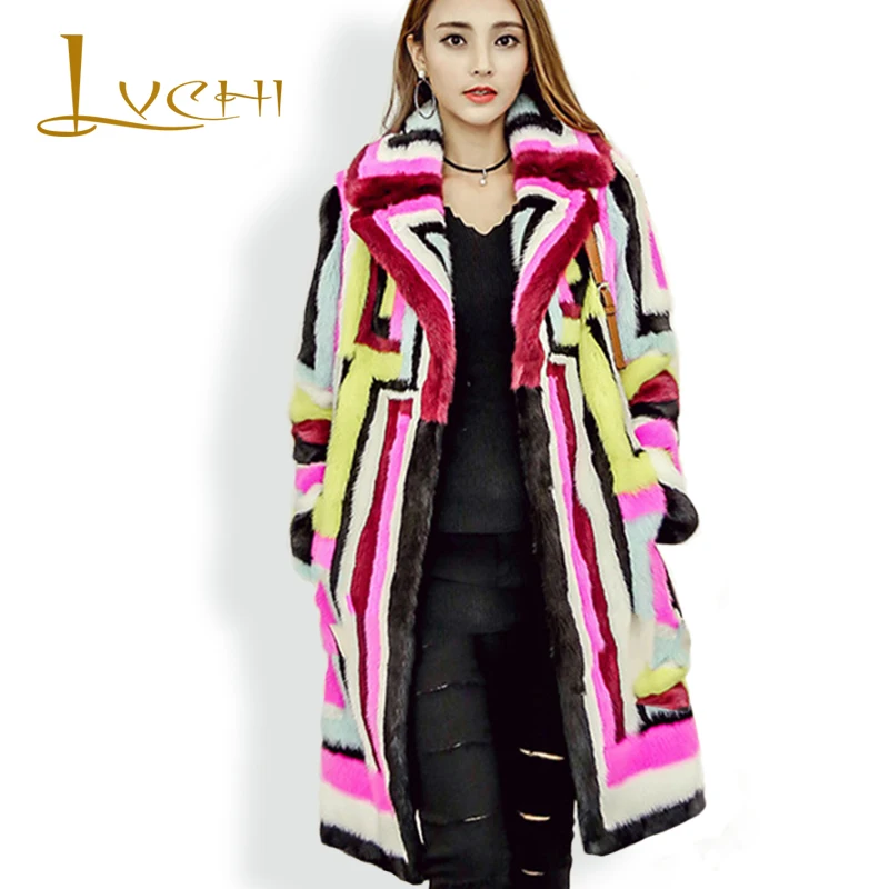 LVCHI 2019 Boho Mode regenboog Herfst Winter Minkbontjas Kleurrijke vrouwen Echte Bontjas Bohemian Maxi Volledige Pelt nerts Jas