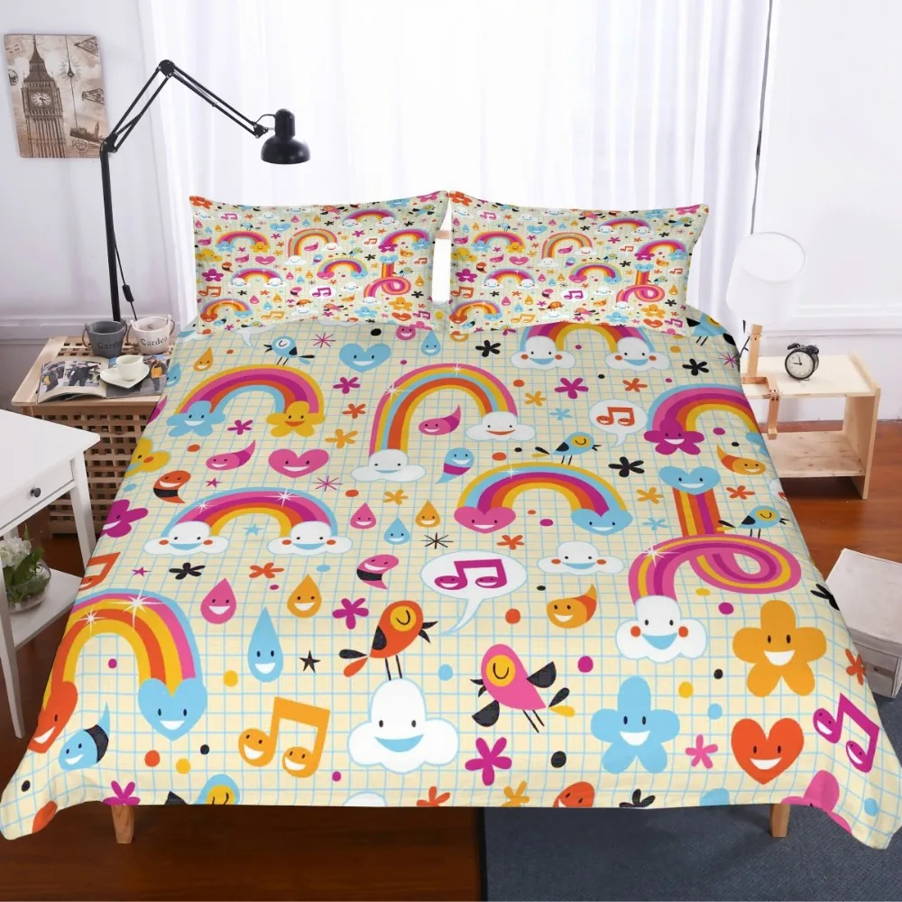 Cartoon Rainbow Kids Microfiber Bedding Set Duvet Cover Set Animals 3D Print Bed Linen Set Pillowcase Twin Full Queen Bedclothes