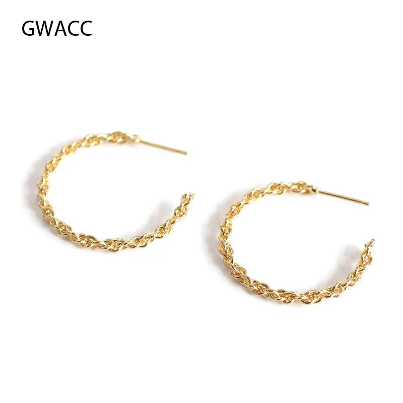 Женские матовые серьги кольца GWACC золотистые открытые с витой цепочкой