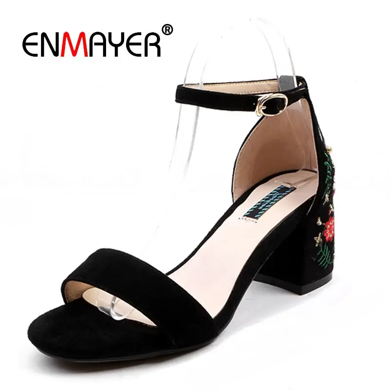 

ENMAYER Kid Suede Basic Casual Woman Sandals 2019 Summer High Heel Square Heel Women Fashion Shoes Size 34-39 LY1432