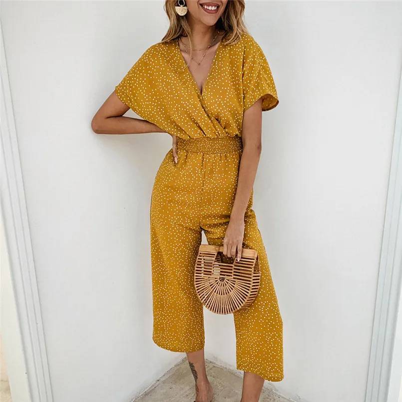 New Fashion Women Summer Sexy V Neck Short Sleeve Dot Printing Romper Jumpsuits Playsuit Office Elegant Lady Boho Jumpsuit #4R08 (27)