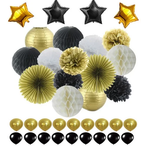 

Black Gold White Party Decorations Tissue Paper Pom Pom Honeycomb Ball and Paper Lantern Foil Star&Latex Balloon for Party Favor