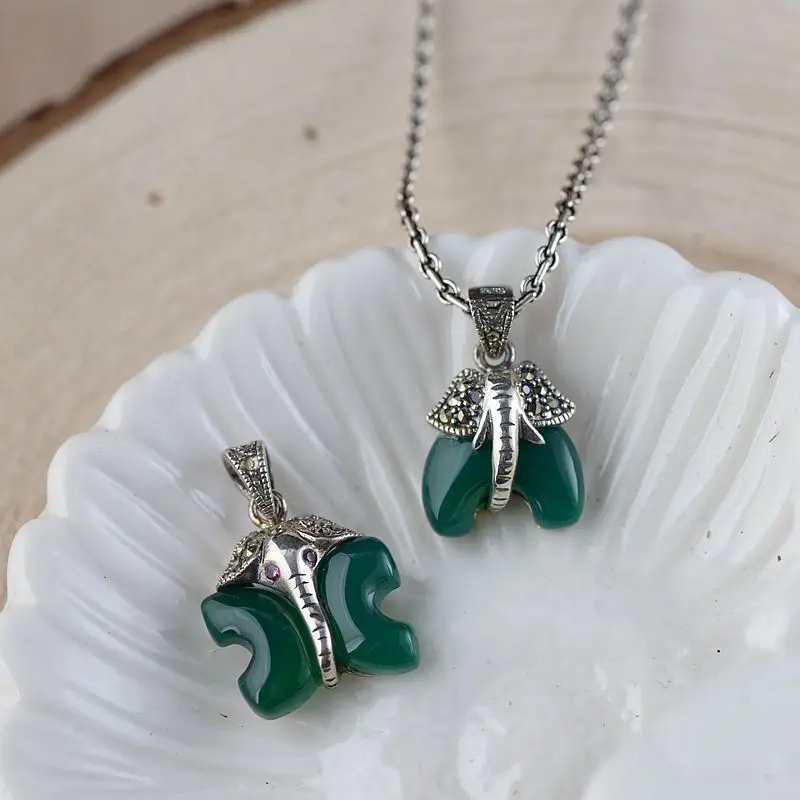 

s925 silver inlaynatural stone pendant Thai silver restoring ancient ways sautoir handmade craft elephant