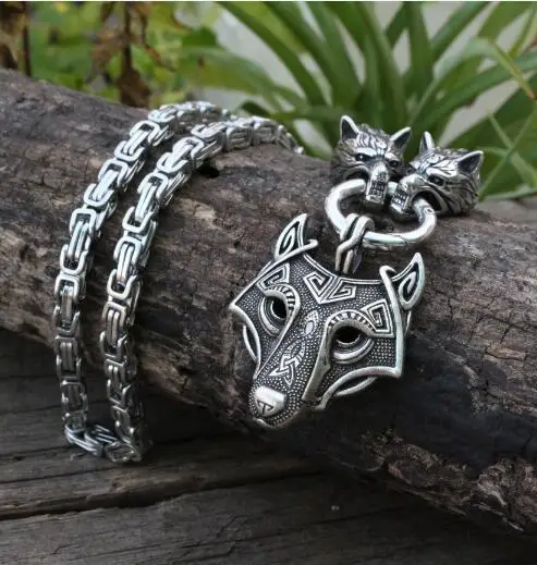 Men stainless steel necklace viking wolf head with Odin by Helena Rosova necklace pendan norse talisman ethnic jewelry