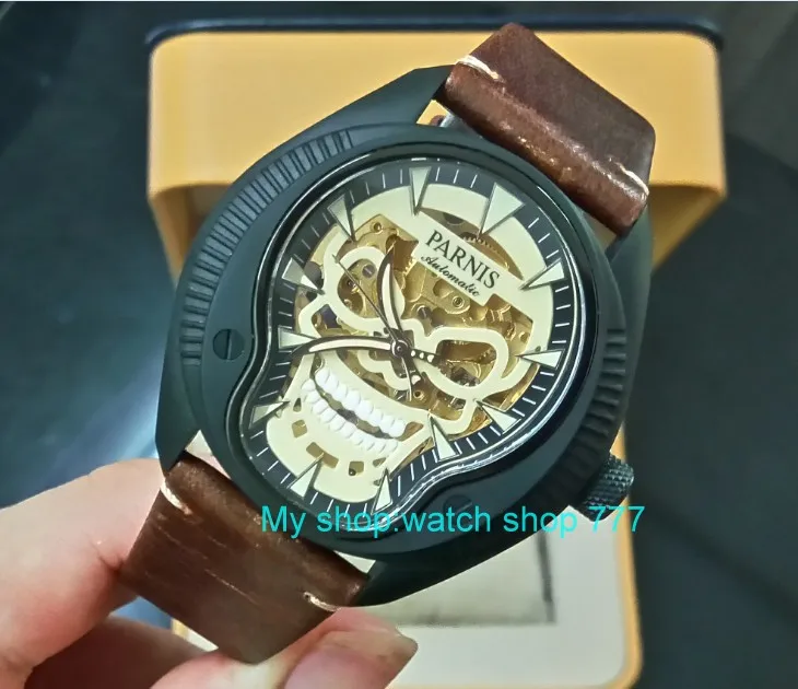 

43MM PARNIS Japanese Golden skeleton Automatic Self-Wind movement Sapphire Crystal luminous men's watches PVD case 409A