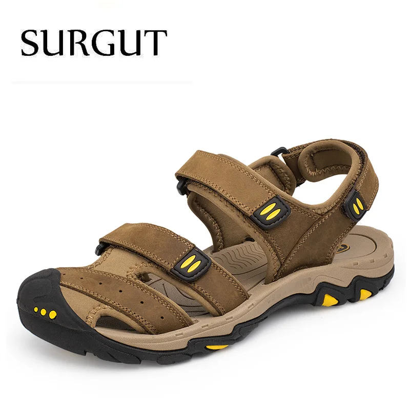 SURGUT/Новинка; модные летние пляжные дышащие мужские сандалии; Брендовые мужские сандалии из натуральной кожи; мужская повседневная обувь размера плюс 38-47 - Цвет: Light Brown
