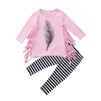 

Toddler Kids Baby Girl Feather Tassel Clothes Autmn Girls Cotton Tops Dress Blouse Striped Pants Legging Sunsuit Clothing Sets