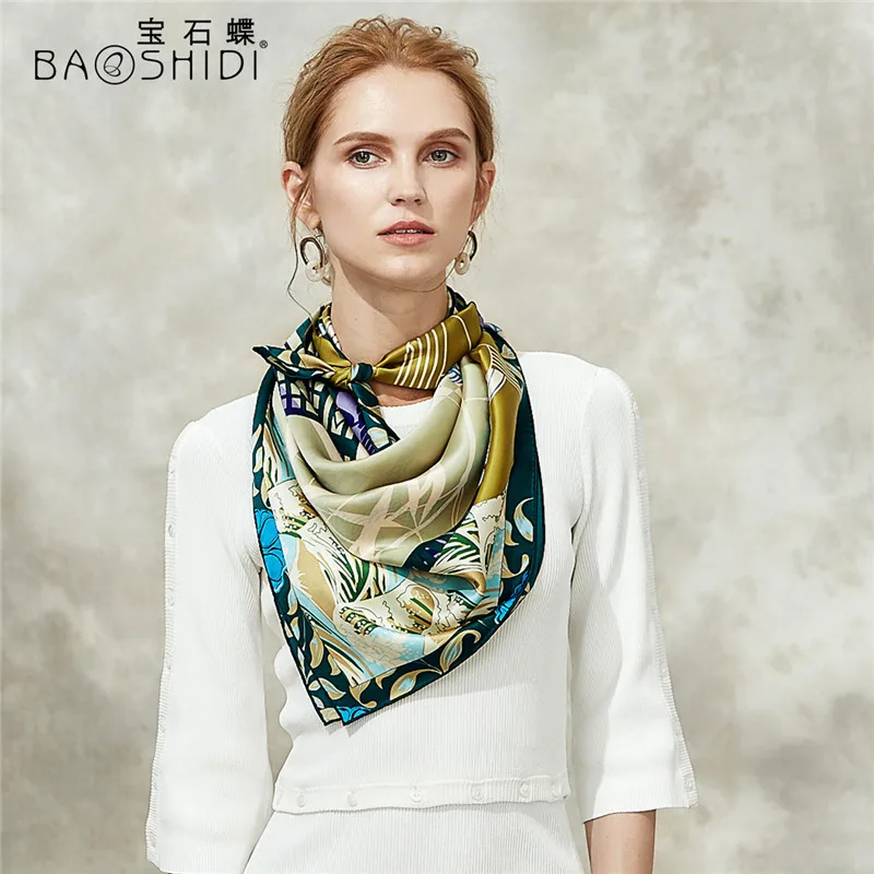 [BAOSHIDI] Шелковый атласный шарф, Женская квадратная шаль, трафаретная печать женские шарфы, элегантные женские шарфы, ручной рулонный шарф - Цвет: 1021180483