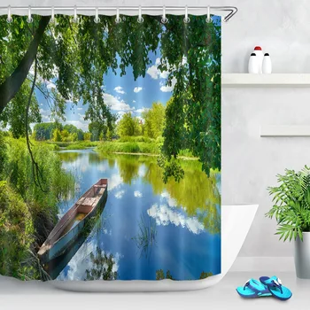 

LB Waterproof Tree Shower Curtains Green Landscape Blue Sky River Boat Polyester Bathroom Curtain Fabric for Bathtub Home Decor