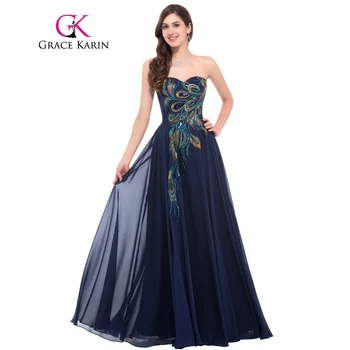Grace Karin Strapless Peacock Evening Dress Long Chiffon Embroidery Formal Evening Gowns Robe De Soiree Wedding Prom Dress 2017