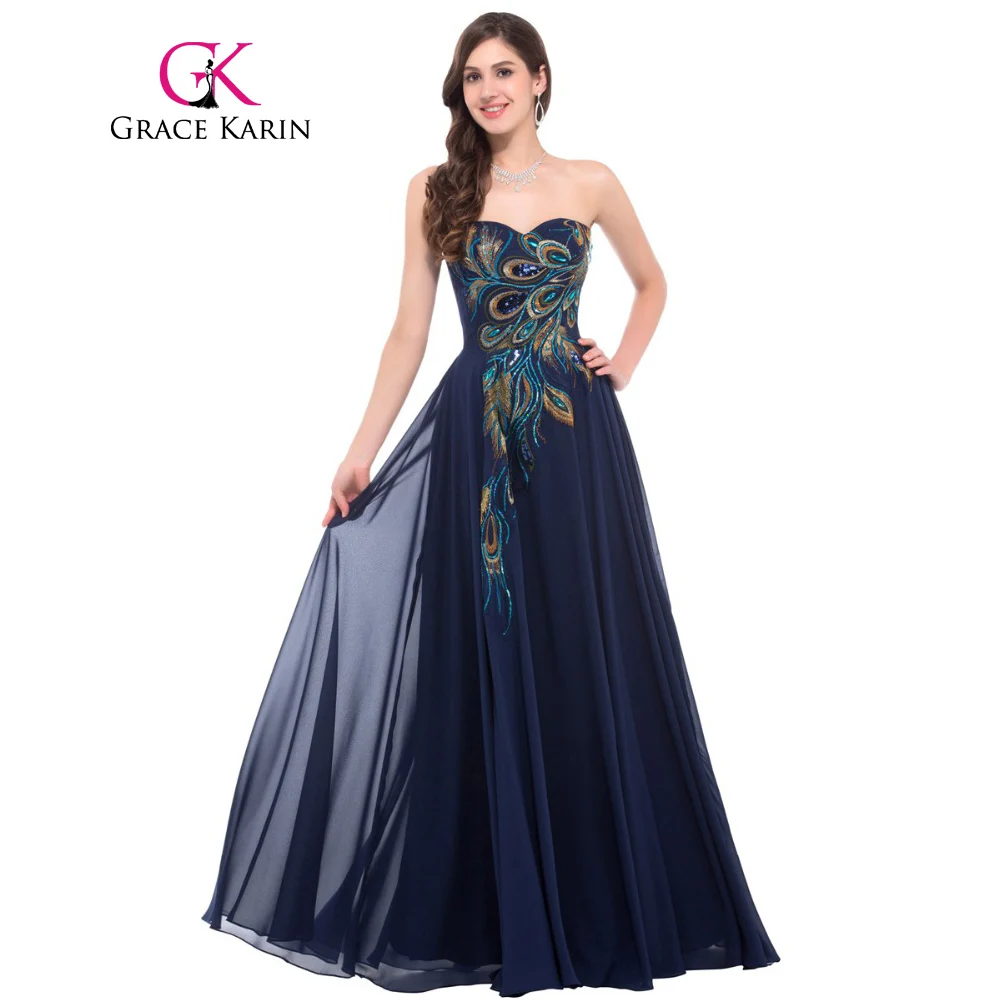 Grace Karin Strapless Peacock Evening Dress Long Chiffon