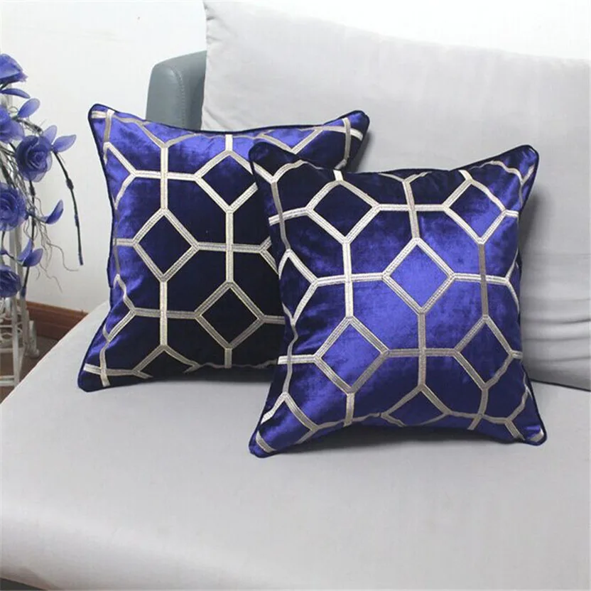 

Blue White Houndstooth Ultra-velvet Elegant Embroidery Decorative Throw Pillowcase Sofa Chair Modernist Geometric Cushion Cover