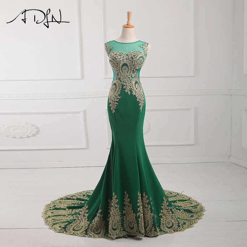 

ADLN Elegant Green Evening Dress Scoop Floor Length Jersey Long Prom Gowns with Sequins Robe de Soiree