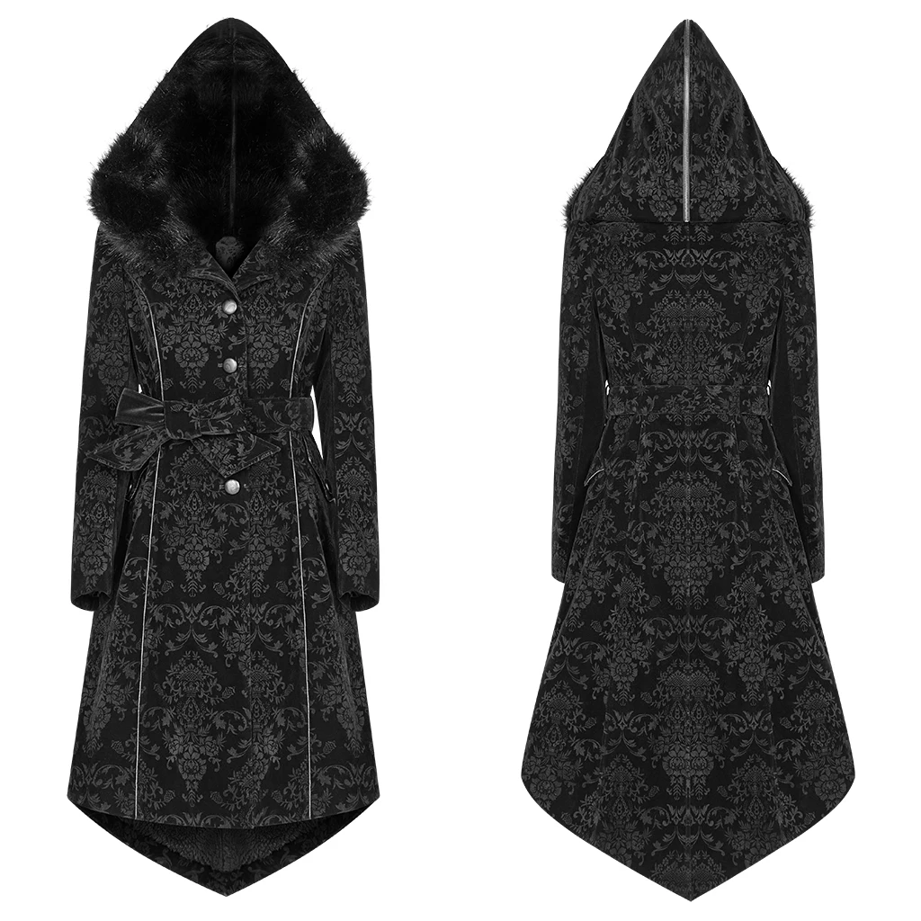 Панк рейв женское готическое жаккардовое шерстяное пальто с капюшоном ремень Готический узор средней длины Хэллоуин зимнее теплое Мужское пальто