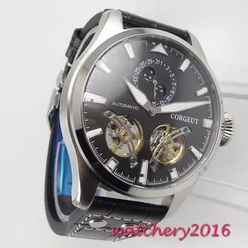 

NEW Arrive 46mm Corgeut Black Dial Moon Phase Date Leather strap Top Brand Luxury Automatic Mechanical Men's Wristwatches