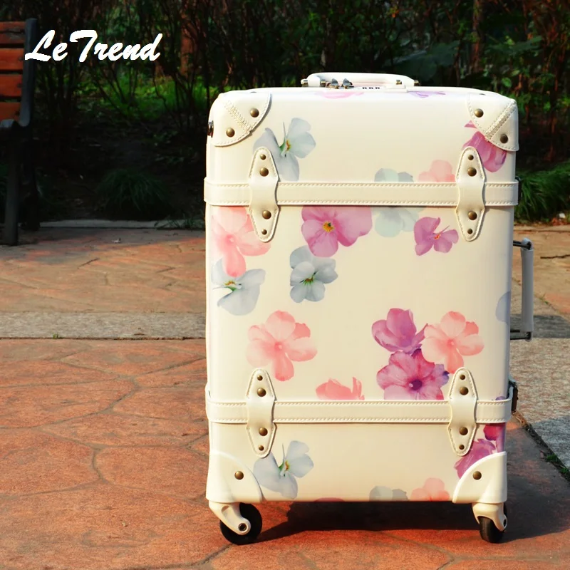 Vintage Suitcase On Wheels PP+PU Leather Rolling Luggage Spinner Women Retro Trolley 24/28 inch