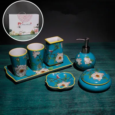 Аксессуары для ванной набор керамическое мыло, мыльница зубная щетка с дозатором чашка Европейский стиль дизайн синий высокое качество свадебные подарки - Цвет: Seven-pieces Set