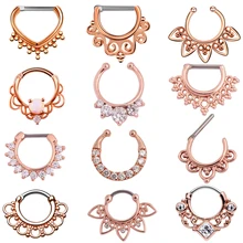 1 шт. 16 г племенное индийское кольцо для пирсинга носа CZ драгоценный камень Ушная перегородка кликер кольца ювелирные изделия розовое золото Поддельные клип на не Пирсинг Нос Кольца