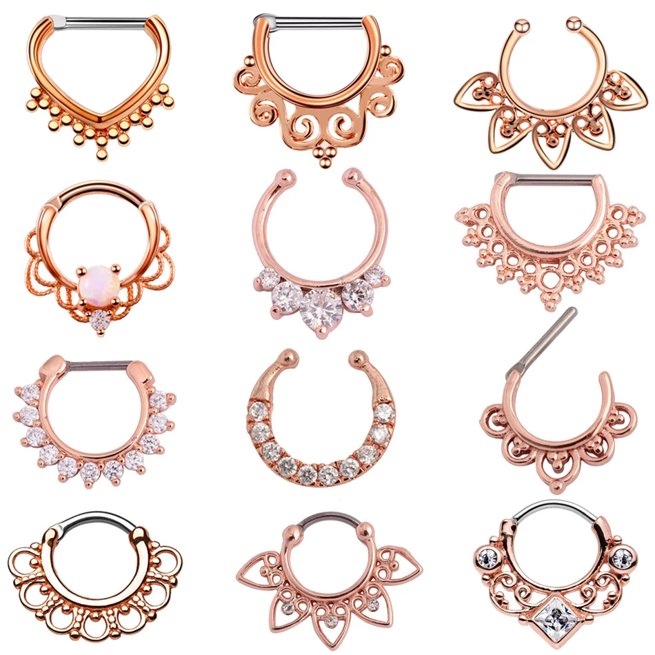 

1PC 16g Tribal Indian Nose Hoop Piercing CZ Gem Ear Septum Clicker Rings Jewerly Rose Gold Fake Clip on Non Piercing Nose Rings