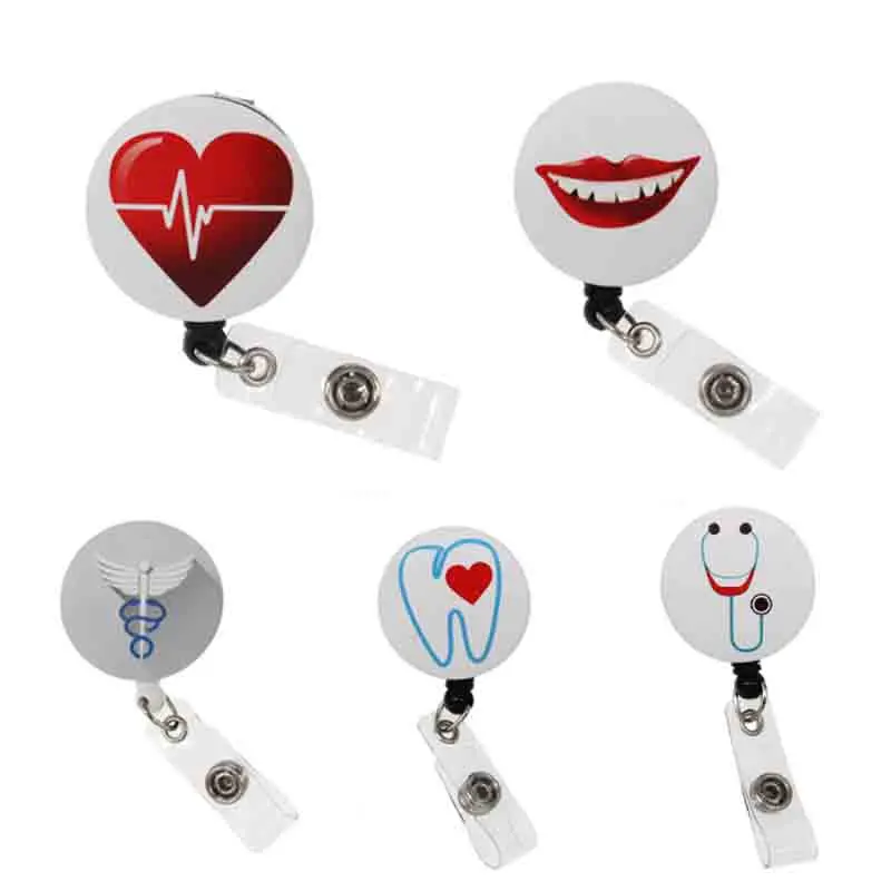 Heart-shaped Pink Stethoscope Personalized Badge Reel ID Holder