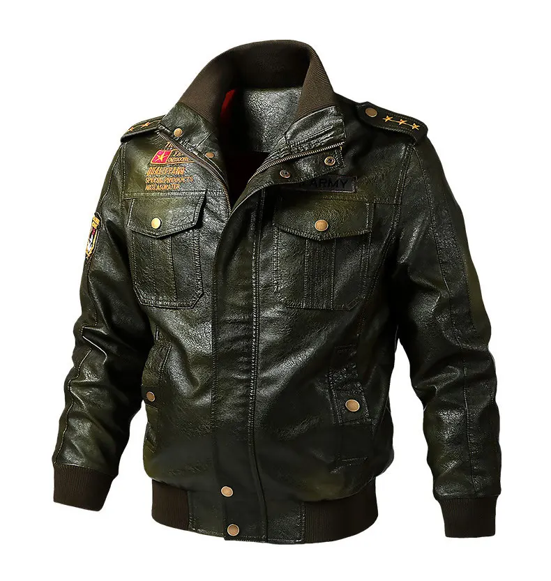 Бренд Mwxsd, мужские кожаные куртки пилота, мужская куртка-бомбер из искусственной кожи и пальто, Мужская Военная кожаная куртка, байкерская куртка - Цвет: Зеленый