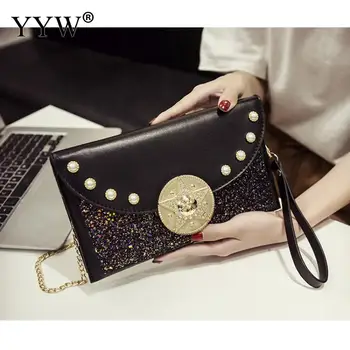 

Women Clutch And Purse With Sequin Chain Shoulder Bag Female Fashion Small Wallet Party Rivet Purse Black Gray Pouch Handbag