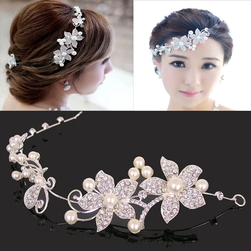 Fashion Red/Clear Color Rhinestone Pearl Imitate Flower Tiara Hair