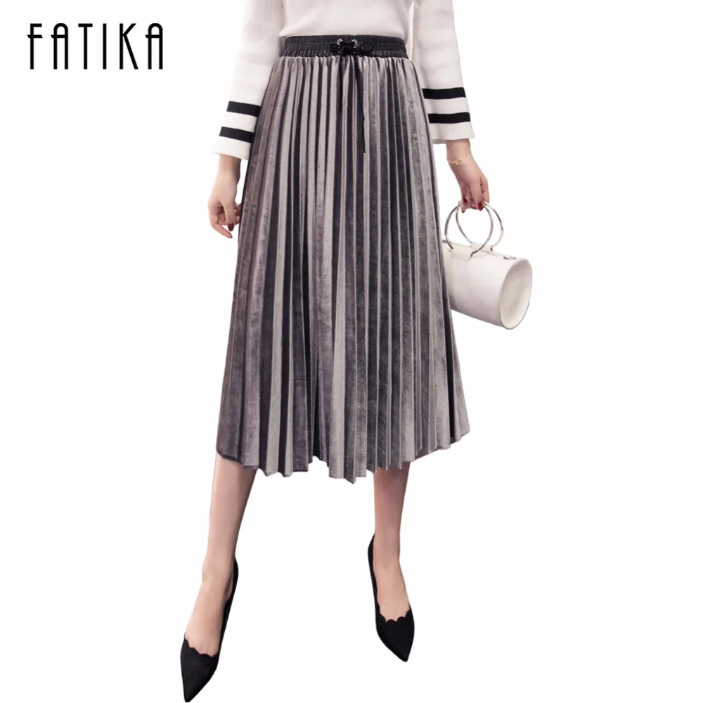 

FATIKA 2017 New Autumn Winter Women Lace Up Elastic Waist Velvet Pleated Skirt High Waist Gorgeous Skirts Midi Skirts For Female