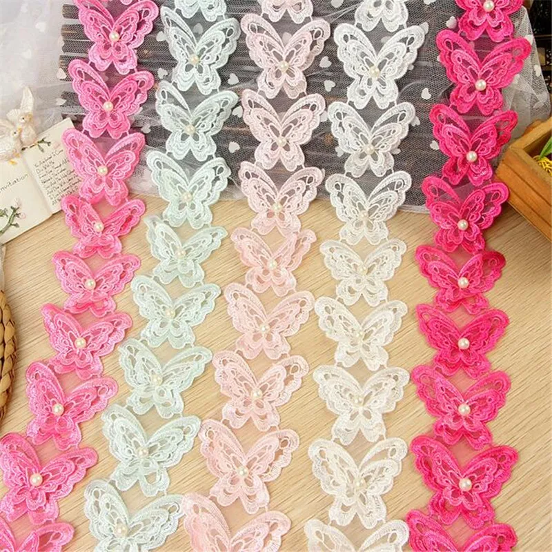 20Yard Beautiful 5Colors 3D Pearl Butterfly Embroidery Lace Applique Flower Sewing Trims DIY Craft 6.5cm LC0079 | Дом и сад