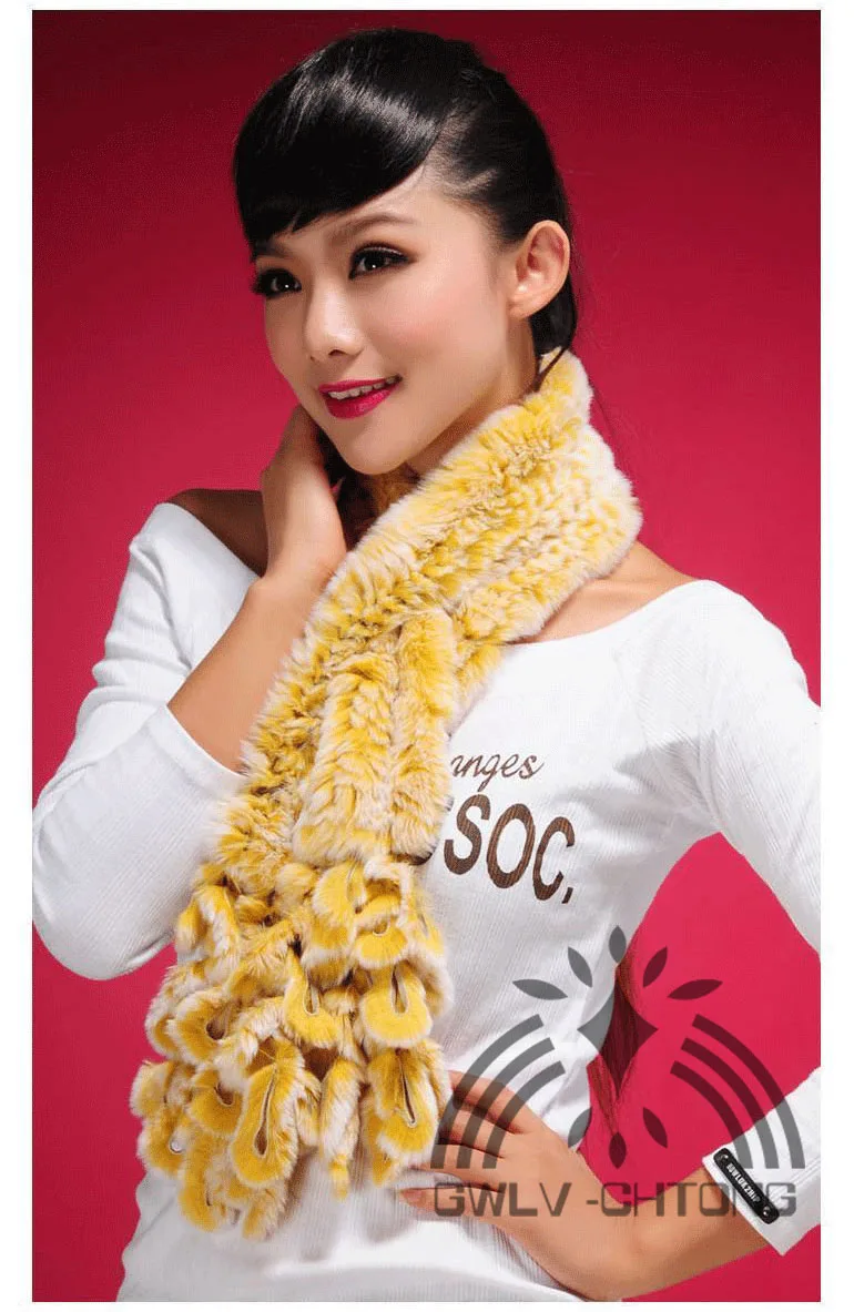 Реальный, натуральный, подлинный трикотажные с мехом кролика шарф Женская мода теплые зимние шарфы с Павлин кисточкой