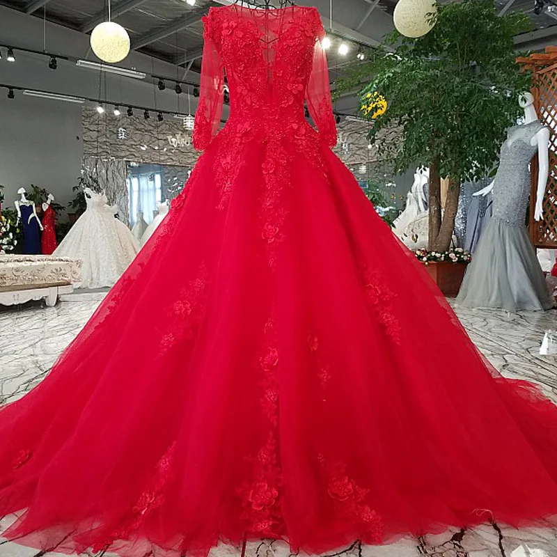 Vestido de fiesta бальное платье с круглым вырезом и рукавом три четверти красное