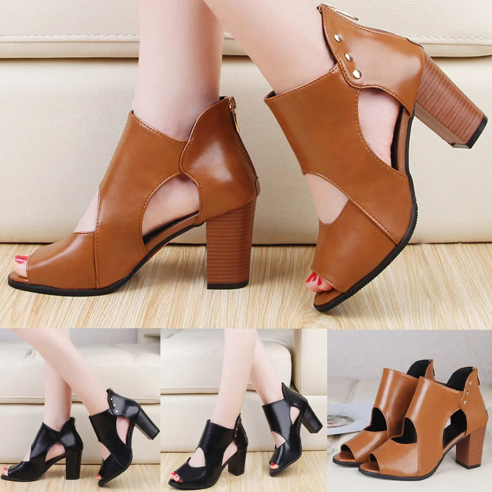 

Womens Fish Mouth High Heel Zipper Sandals Leather Short Boots Single Shoes High Heels Sexy Pointed Toe Slip-on Wedding Party Sh
