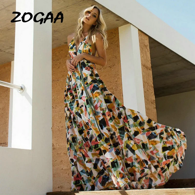 

ZOGAA 2019 Women Summer dress Boho Evening Party Beach Long Maxi Dress Sundress Sexy Halter Backless Elegant Vestidos Verano