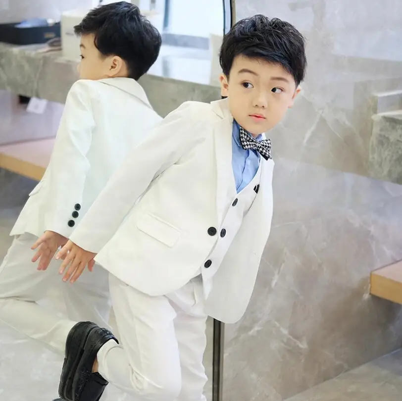 

Boy White Suit Coat+Vest+Pants Wedding Clothes Children Costume Stage Performance Host Shows Boy White Suits Size 90-140