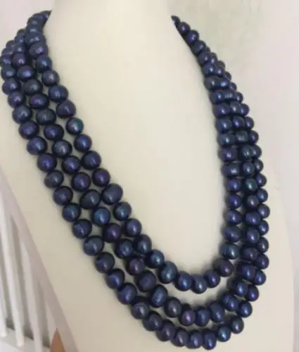 

triple strand 9-10mm tahitian baroque black blue pearl necklace 18"20