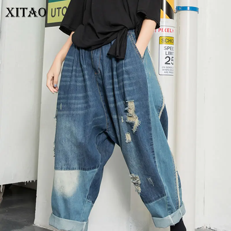 

XITAO Personality Splice Pocket Hole Pants High Waist Plus Size Wide Leg Pants Women Clothes 2019 New Casual Loose WBB3265