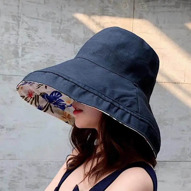 BINGYUANHAOXUAN المرأة قبعة قبعة الشمس قبعة مجوفة مطبوعة الوجهين لبس حوض كاب للإناث قناع الصياد قبعة