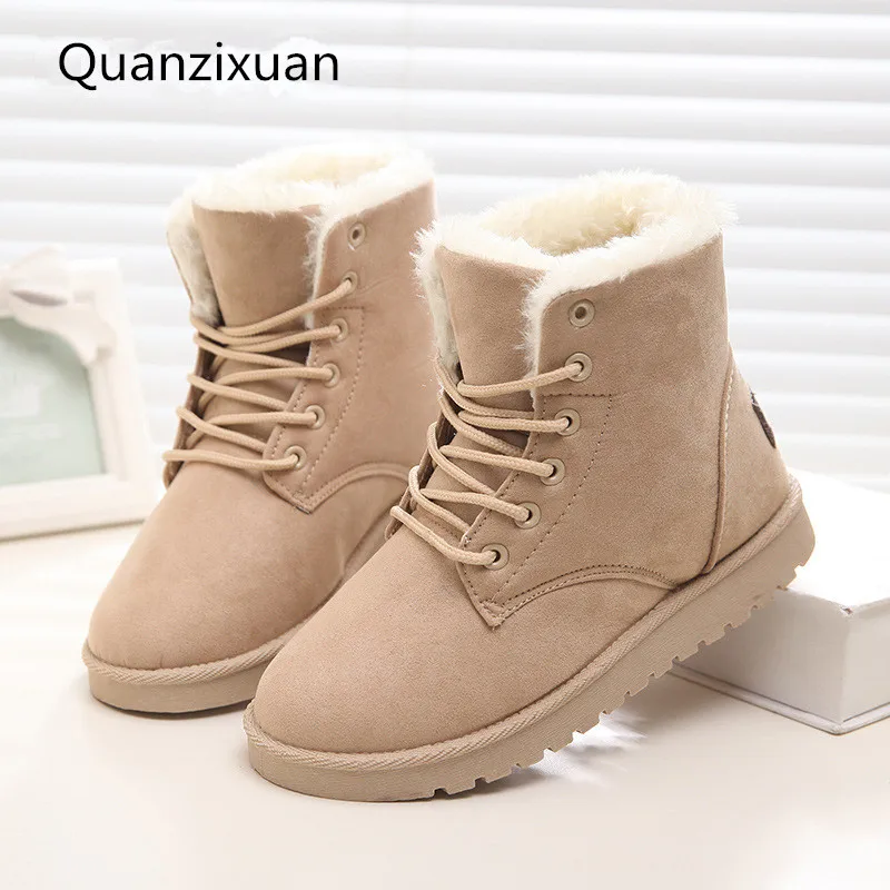 Botas de nieve de ante para mujer, zapatos cálidos de piel, de felpa corta,  color sólido, talla grande 41 42 43, Invierno|Botas de nieve| - AliExpress