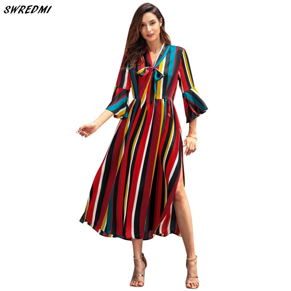 SWREDMI Women Boho Rainbow Striped Maxi Dress Holiday Festival Long