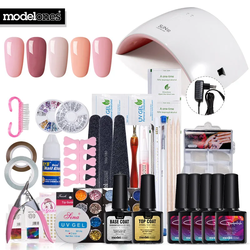 

Full Set Nail Tools Soak Off 5 Colors UV Neon Gel Polish Nail Art Manicure Kit 24W UV Lamp Base Gel Top Coat Nail Tools