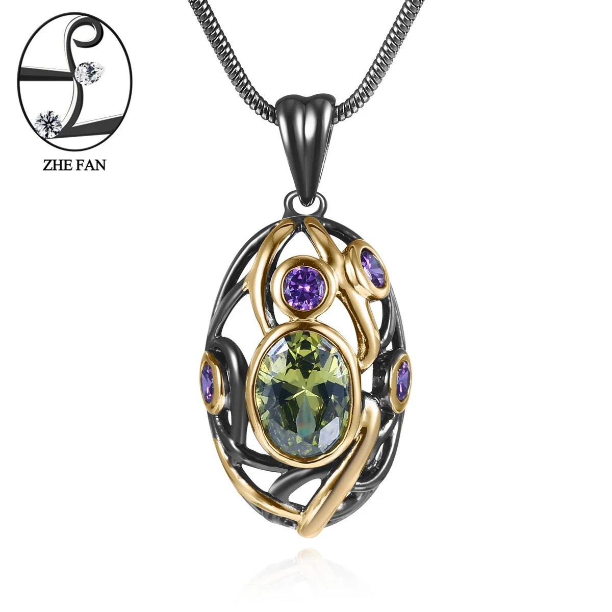 

ZHE FAN Vintage Pendant Black Gold Color 2 Tone Plating Big Oval Olive AAA CZ Zirconia For Women Christmas Gift Pendant New Come