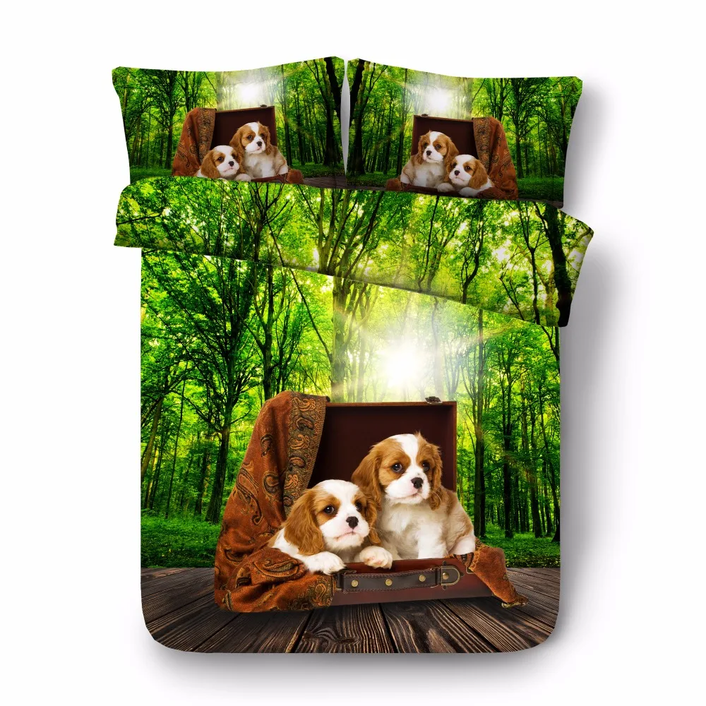 

cute dog cotton bedding set queen size bed linen 3D reactive printing bedspread kid home textile fresh bedroom decor green adult