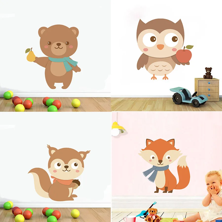 Foxes Bird Bear Cartoon Cute Animals Wall Art Decals For Kids Nursery Bedroom Home Decor Vinyl Wall Sticker Removable Wallpaper (2)