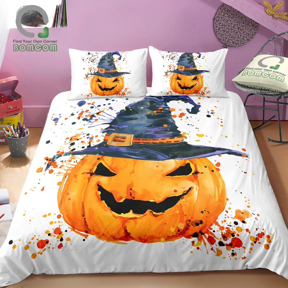 

BOMCOM 3D Digital Printing Happy Halloween Watercolor Halloween Pumpkin Smiling Pumpkin Duvet Cover 100% Microfiber White