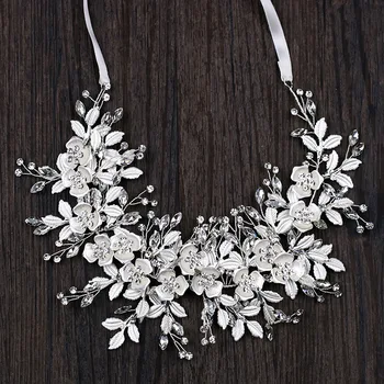 

Handmade Silver Color Ribbon Rhinestone Crystal Leaves Floral Bridal Tiara Headband Flowers Headpiece Wedding Hair Accessories