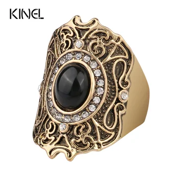 

Turkey Jewelry Unique Ancient Gold Color Black Ring For Women Lucky Pattern Mosaic Crystal Gift Anillo Accessories